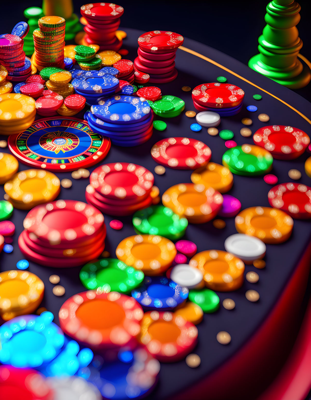 Colorful casino chips on gambling table with roulette wheel