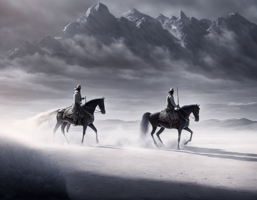 Misty landscape with two knights on horseback