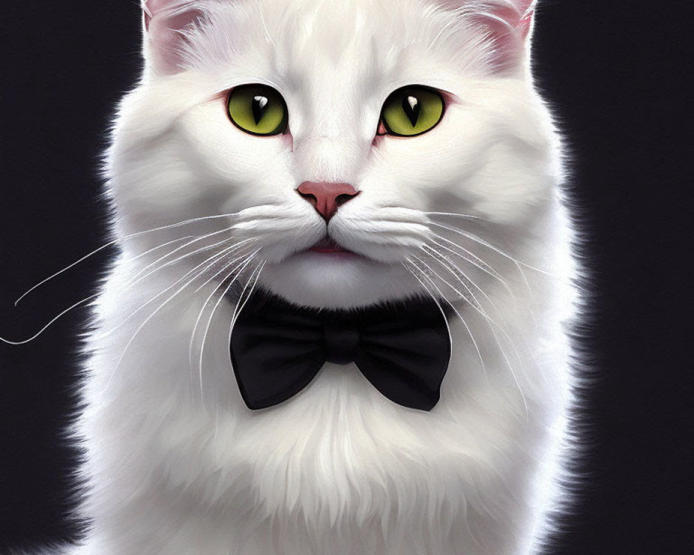 White Fluffy Cat Digital Artwork with Green Eyes and Bow Tie on Dark Background