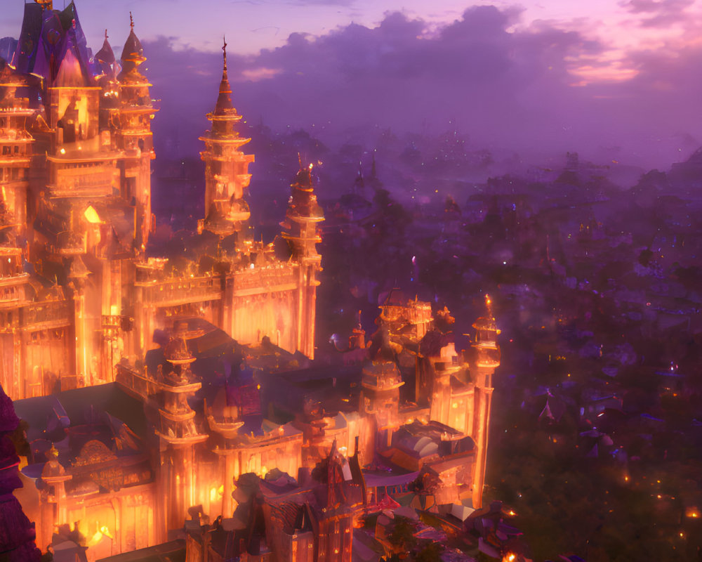 Fantasy castle with illuminated spires above cityscape at sunset