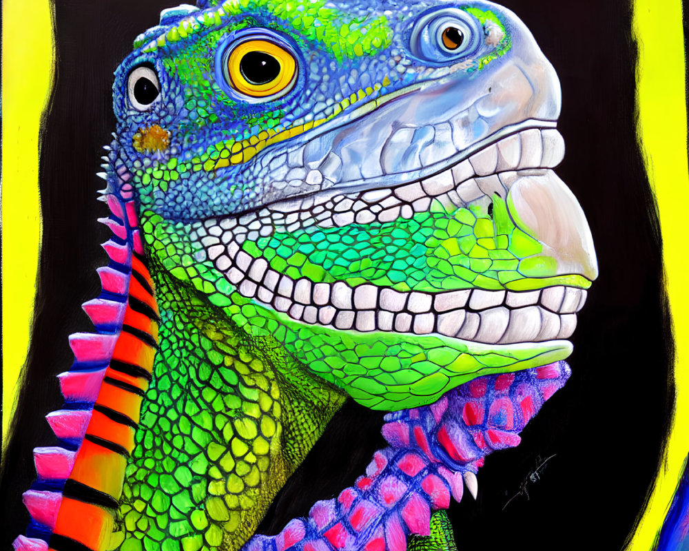 Colorful lizard painting with green scales, blue textures, and yellow eyes.