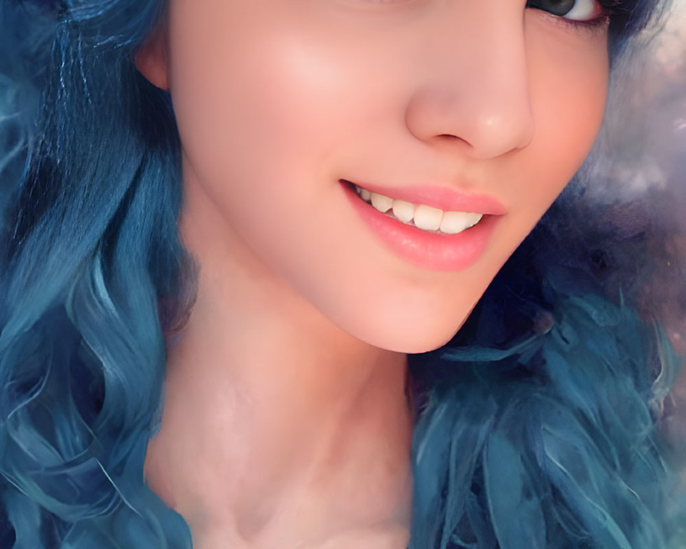 Blue-haired woman with striking blue eyes in soft smile close-up portrait.