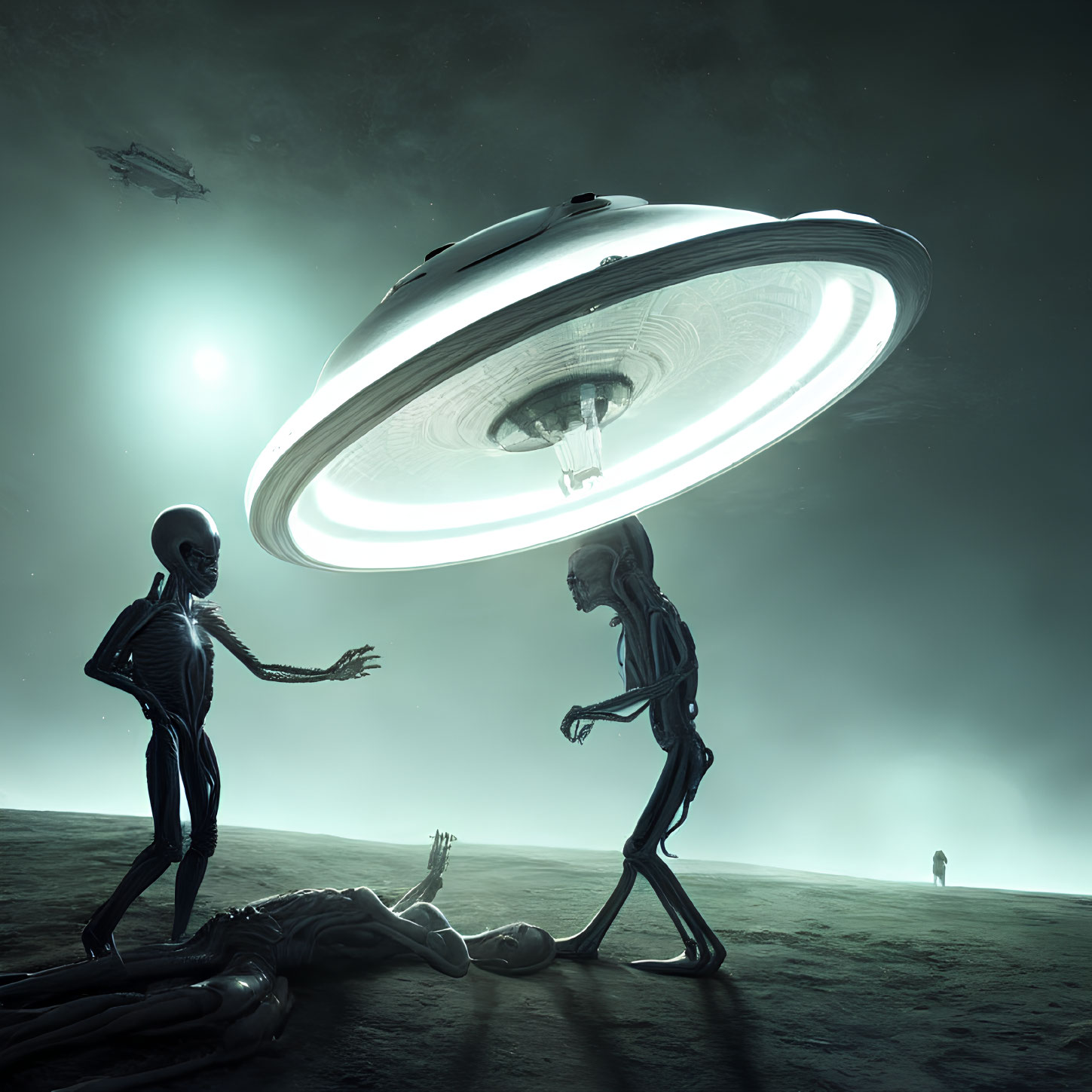 Extraterrestrial beings on barren landscape with flying saucer and green-lit sky