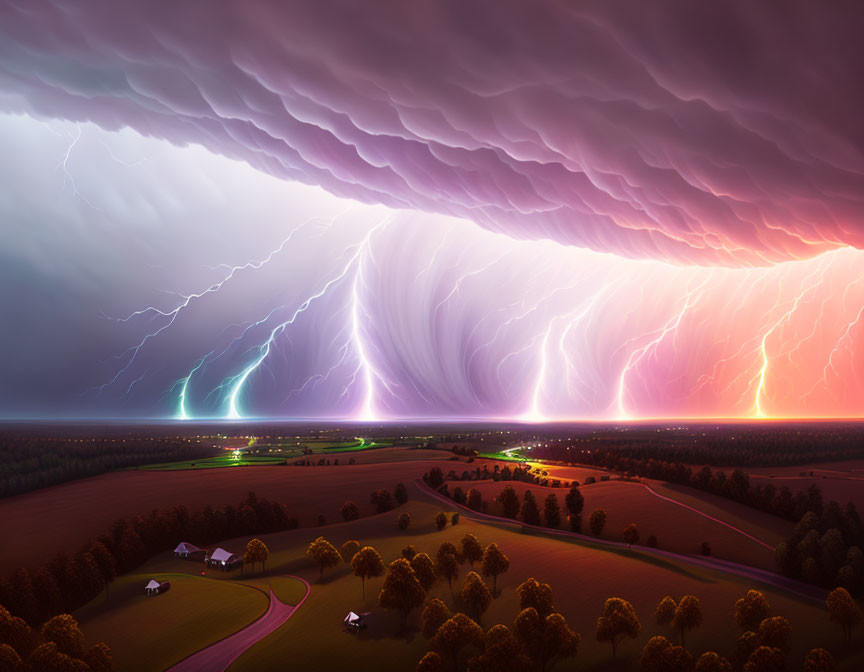 Dramatic storm with intense lightning in purple and pink skies