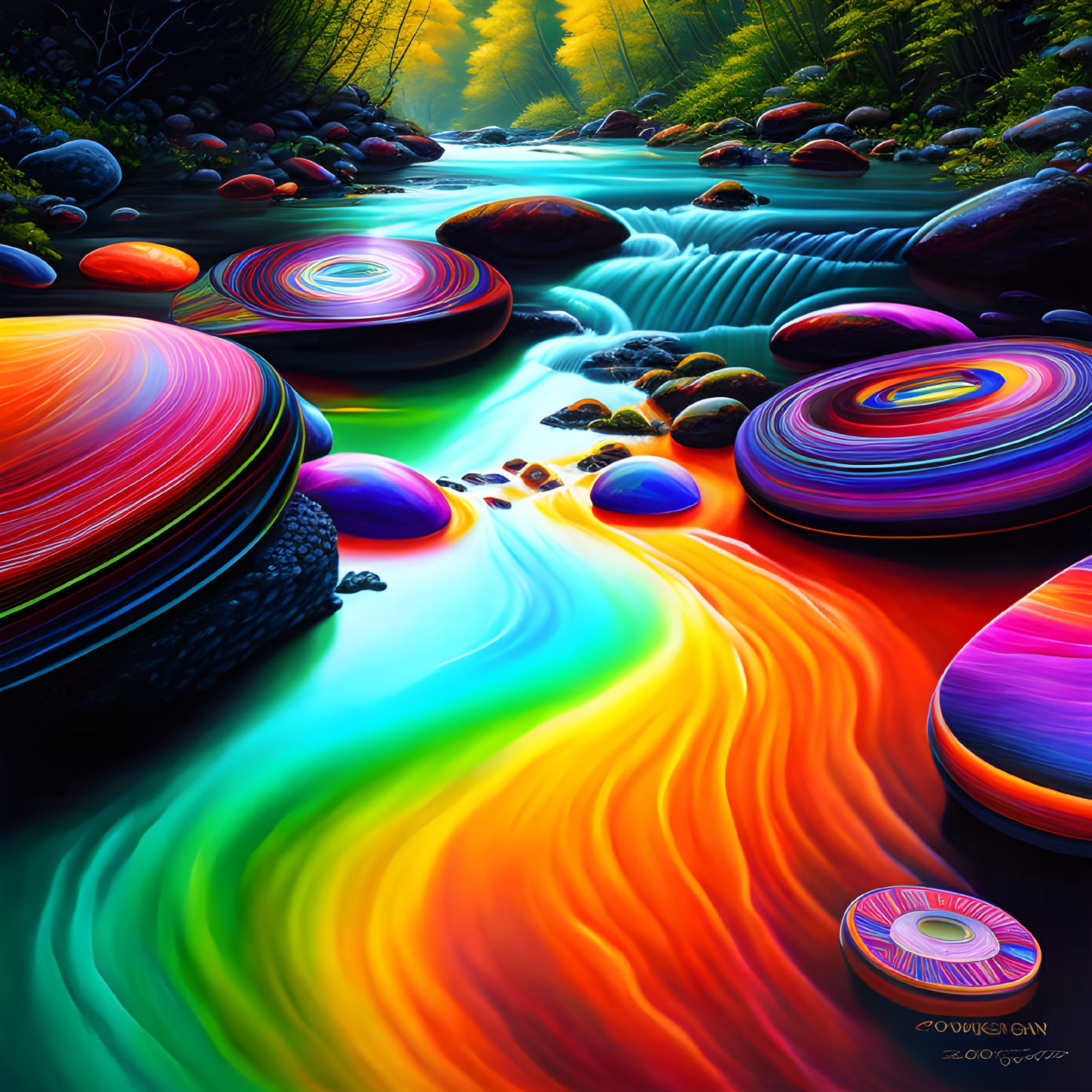 Colorful Digital Artwork: Stream with Patterned Stones & Surreal Landscape