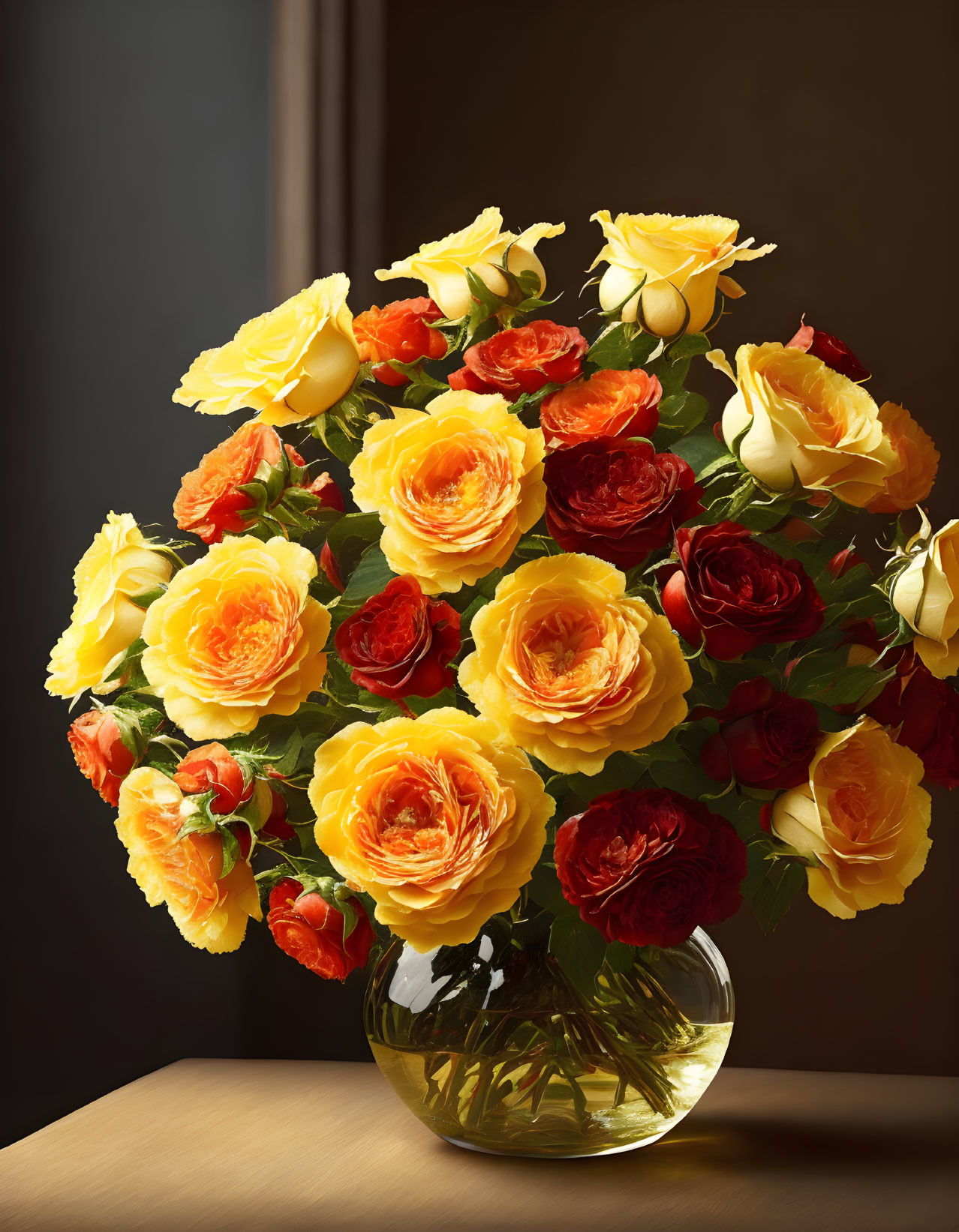 Yellow and Red Roses Bouquet in Clear Glass Vase on Brown Background