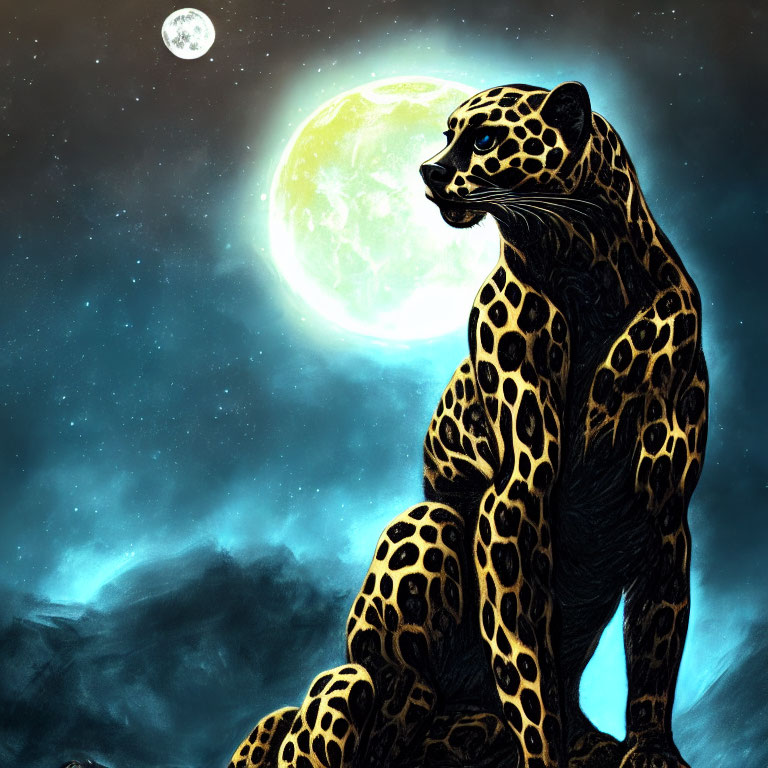 Black jaguar with golden spots under full moon and stars