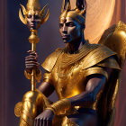 Golden-armored figure with Anubis-like headdress on ornate throne