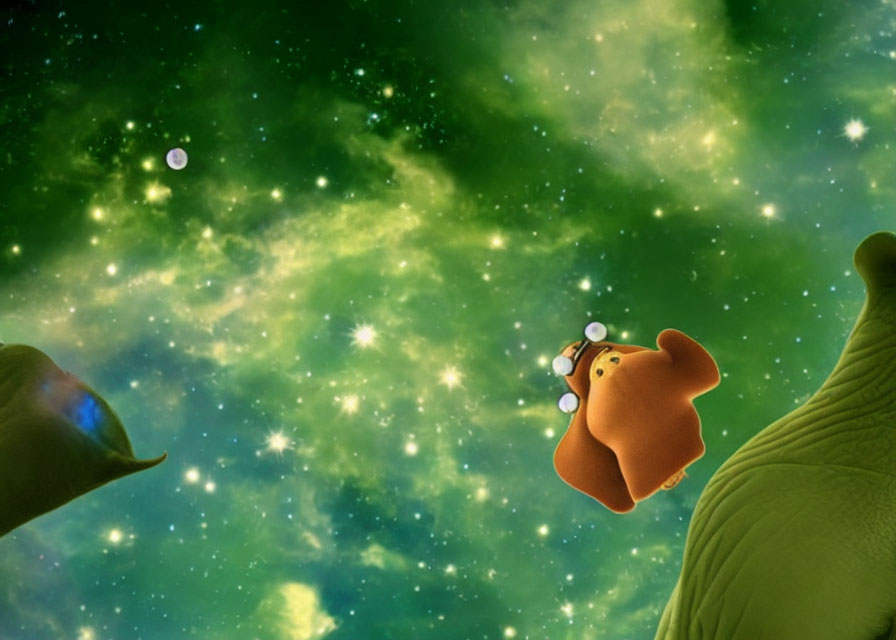 Floating Cartoon Bear in Space with Green Nebulae and Stars, Flanked by Larger Creatures