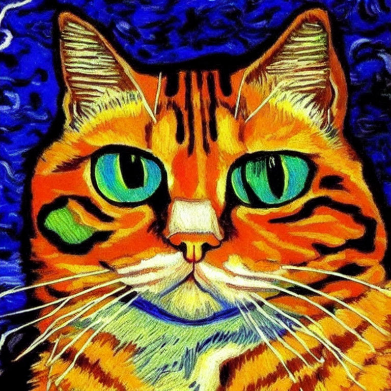 Vibrant painting of orange tabby cat with green eyes and swirling patterns