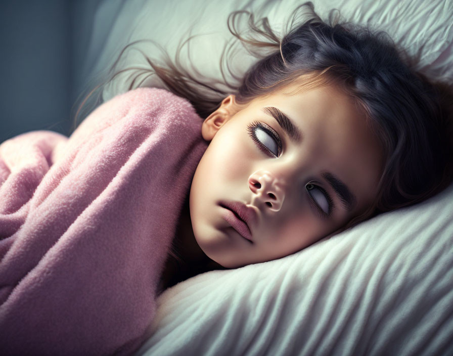 Dark-haired young girl lying in bed with pink blanket, looking thoughtfully.