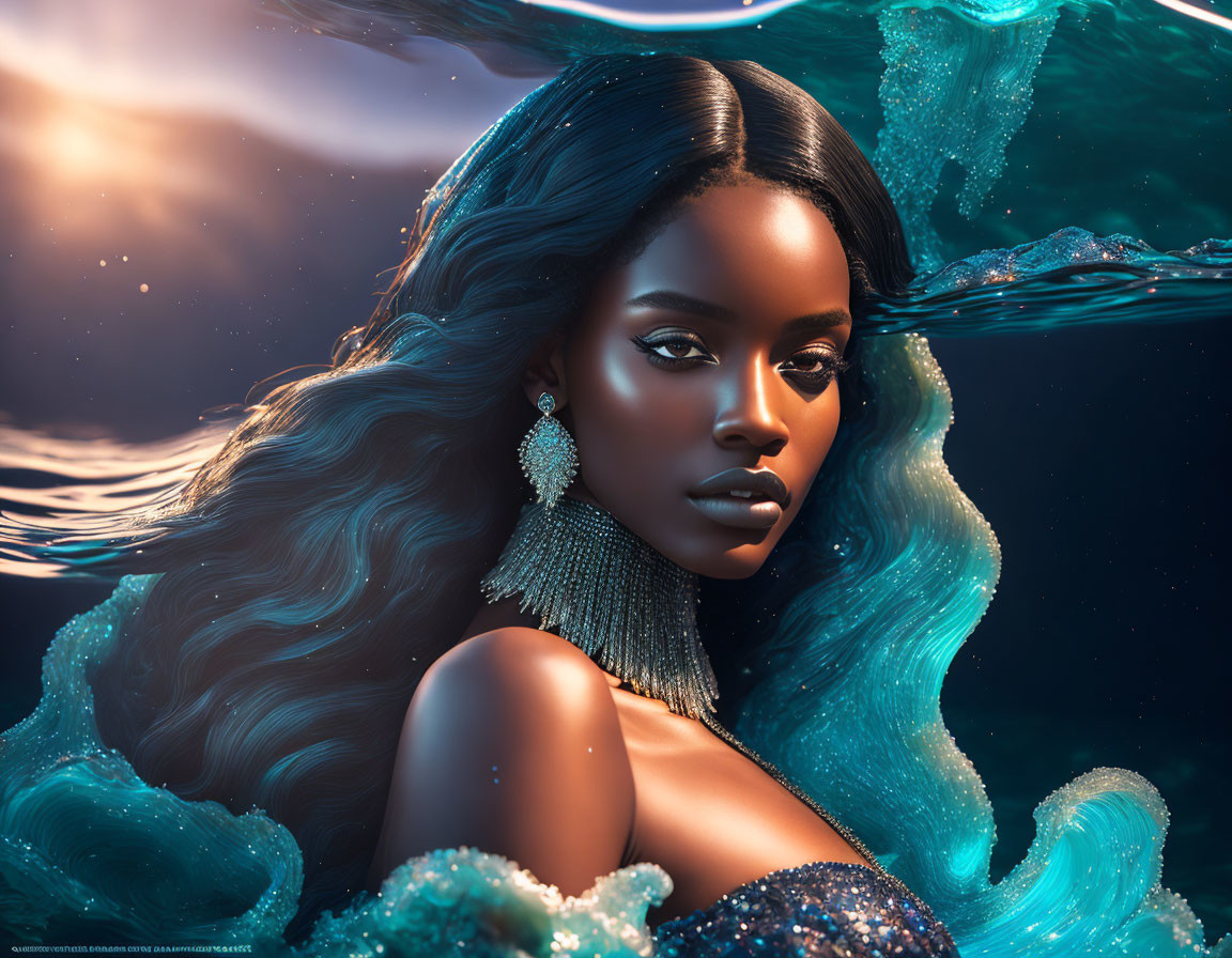 Dark-skinned woman with blue hair in water under warm light