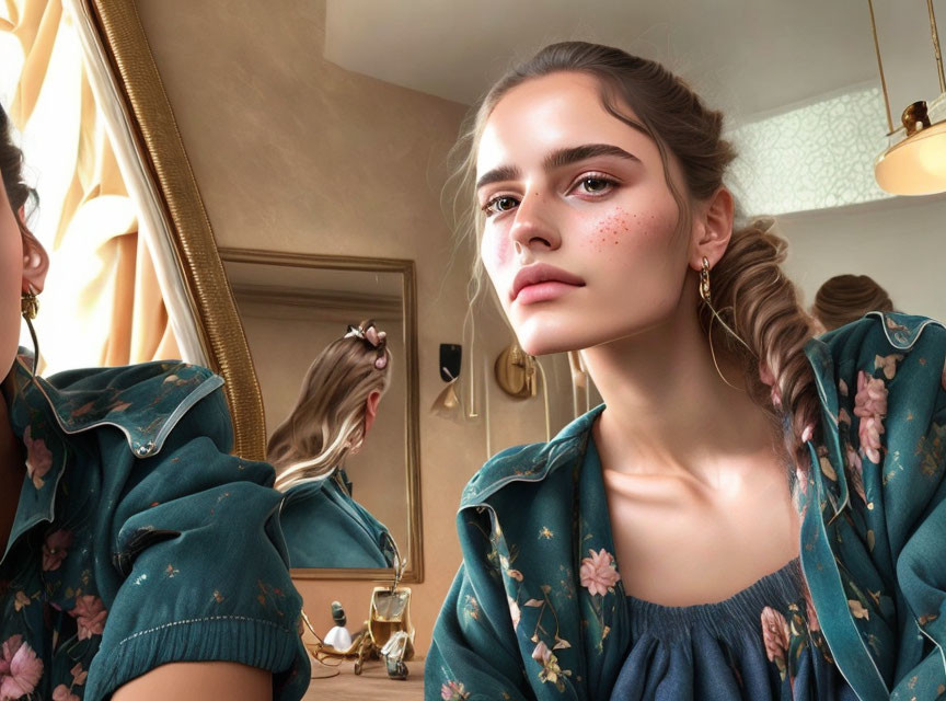 Braided hair woman in floral dress reflected in warm-lit room