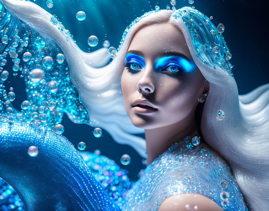 Stylized image of woman with pale skin, long white hair, blue makeup, surrounded by water