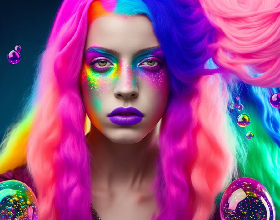 Vibrant rainbow hair and colorful makeup with bubbles and reflections