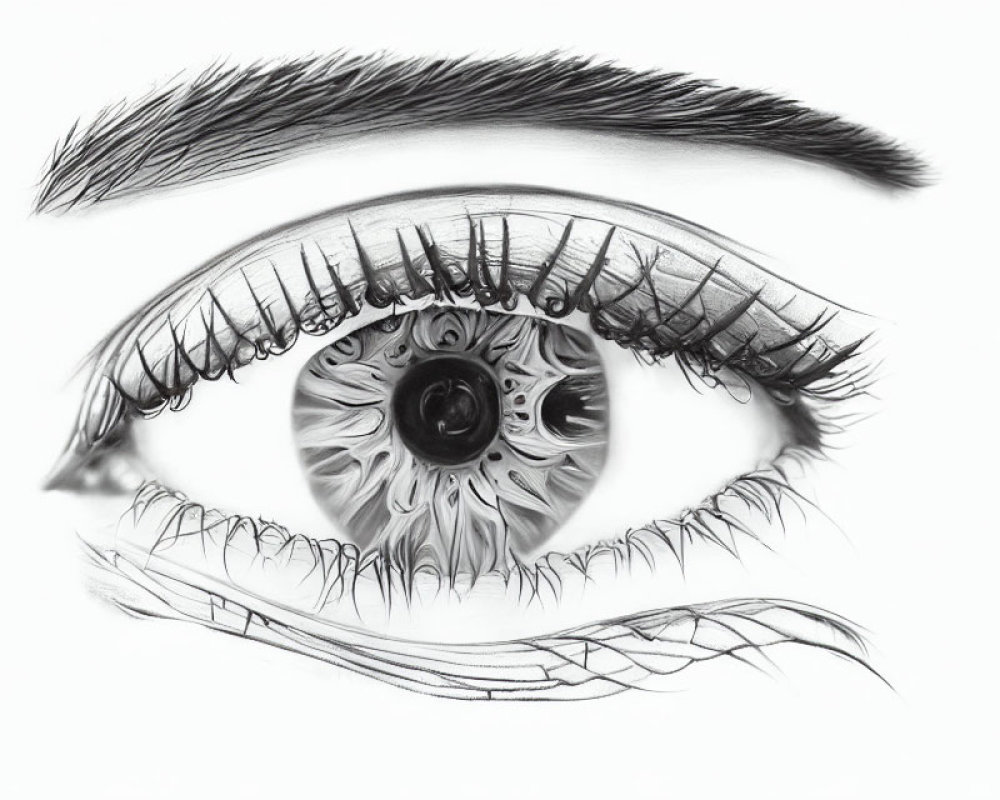 Detailed Pencil Drawing of Human Eye with Intricate Iris Patterns