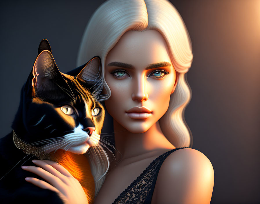 Blonde Woman Holding Black and Brown Cat with Blue Eyes