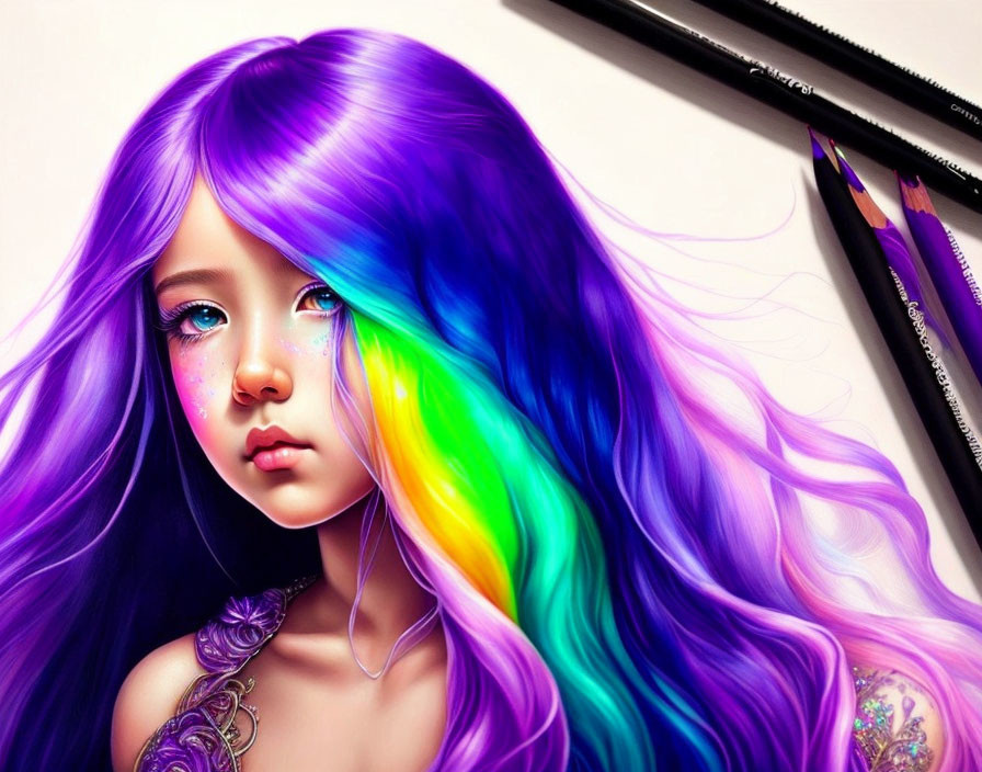 Detailed illustration of girl with flowing hair in purple and rainbow colors, featuring intricate eyes and freckled