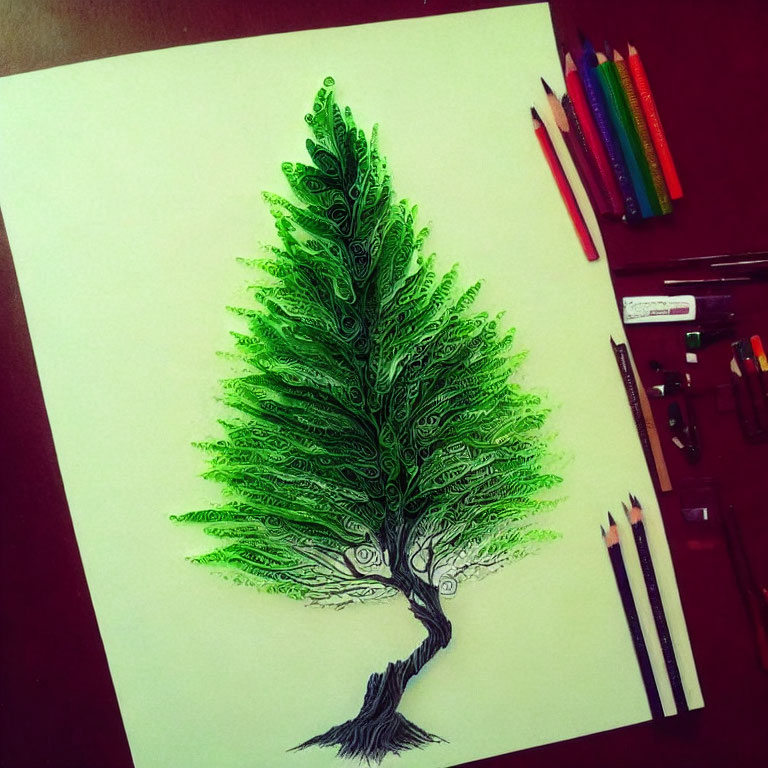 Detailed green leaf-patterned tree drawing on paper with colored pencils.