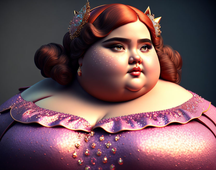 Stylized 3D illustration of plus-size female character with crown and pink dress