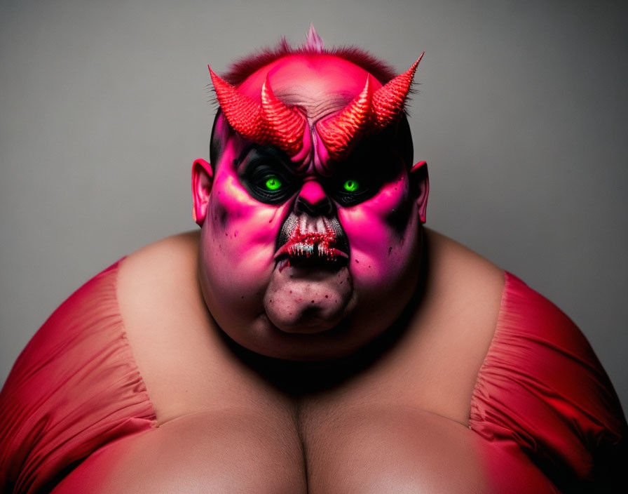 Person painted as red and pink demon with horns glaring.