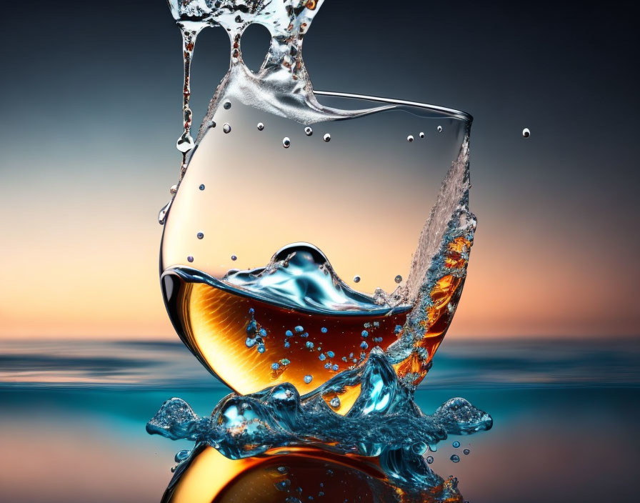 Liquid splash in glass against sunset-hued background