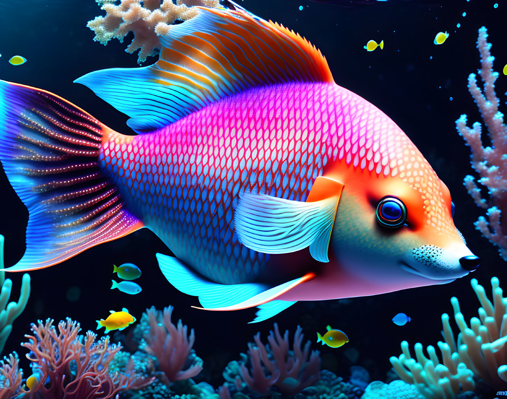 Colorful Fish Swimming Among Coral in Deep Blue Underwater Scene