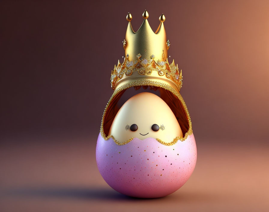 Smiling cartoon egg with gold crown on warm background