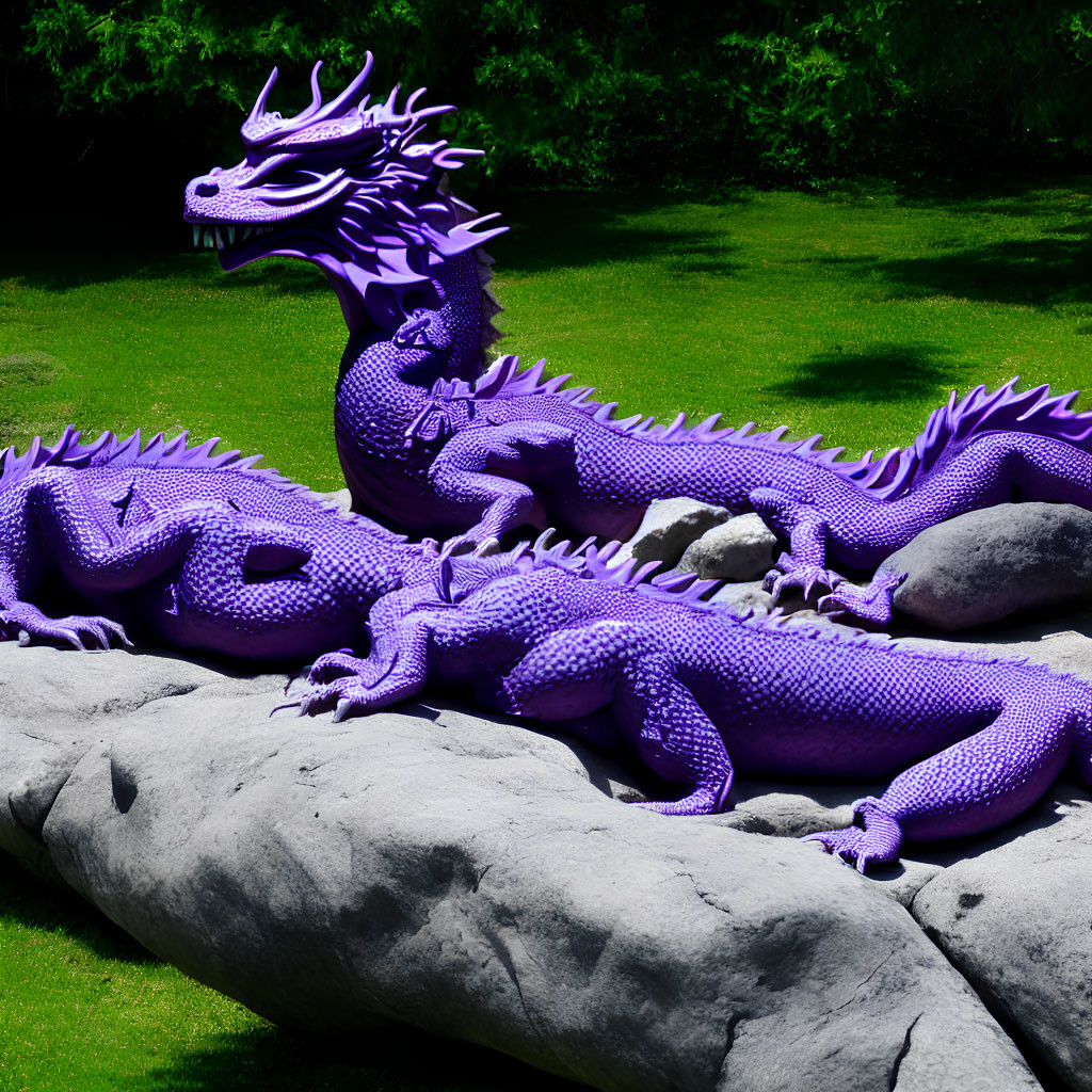 Intricate purple dragon statue on rock in lush garden setting