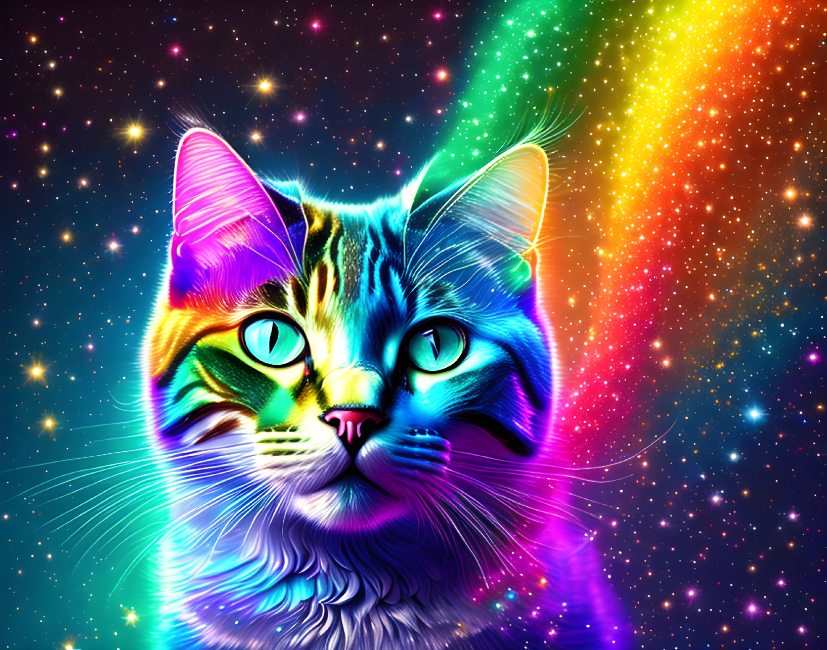 Colorful Cat Face Artwork with Galaxy Theme Background