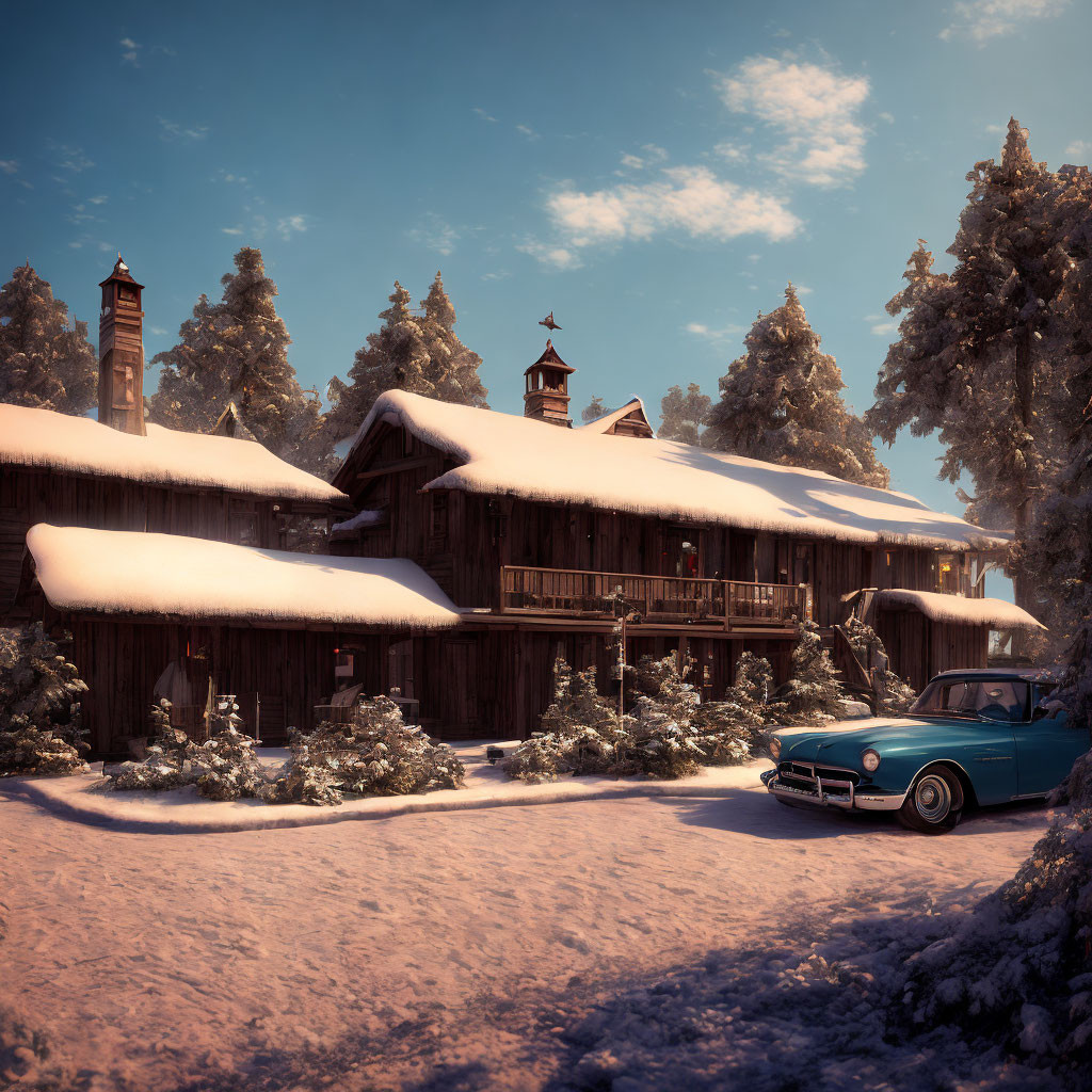 Vintage Blue Car Parked Outside Snow-Covered Wooden Cabin