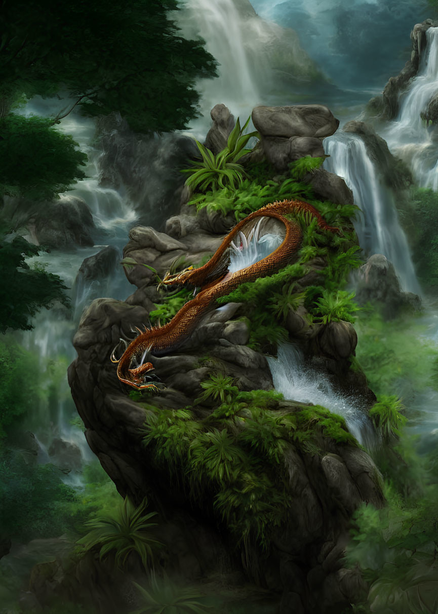 Orange dragon on rocky outcrop in misty forest with waterfalls