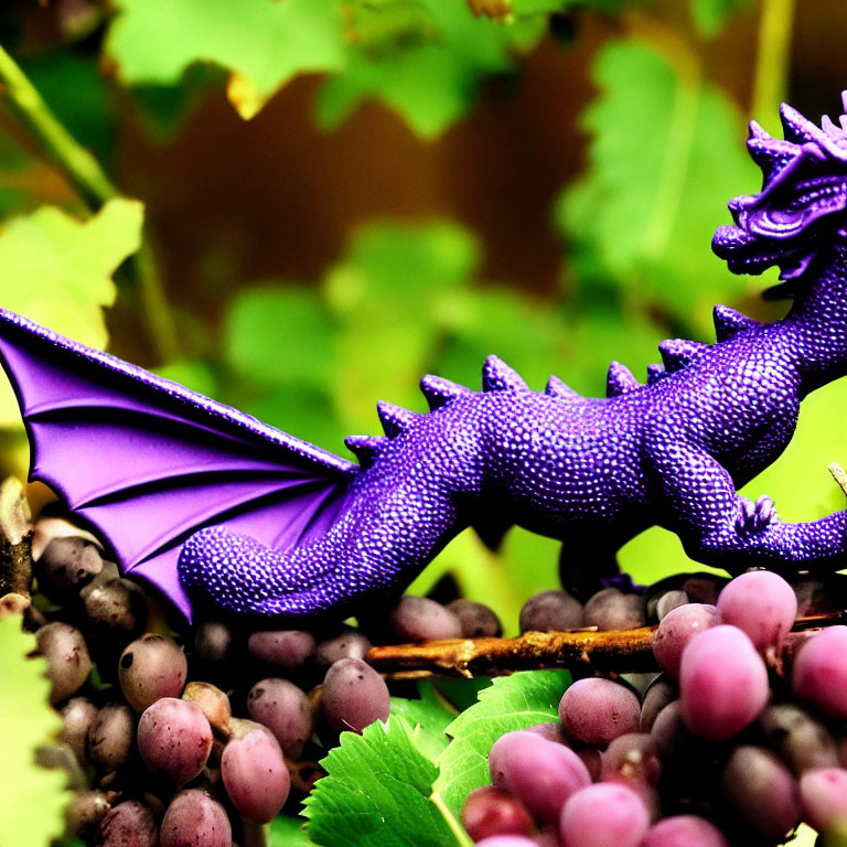 Purple Dragon Figurine on Grapes and Green Foliage