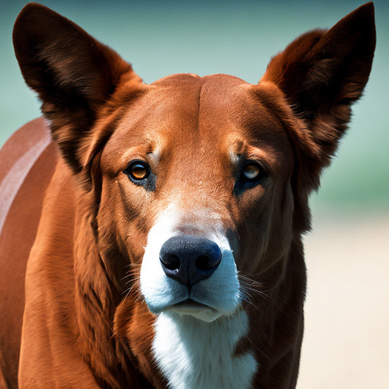 Brown Dog with Large Ears and Attentive Eyes on Blurred Blue Background