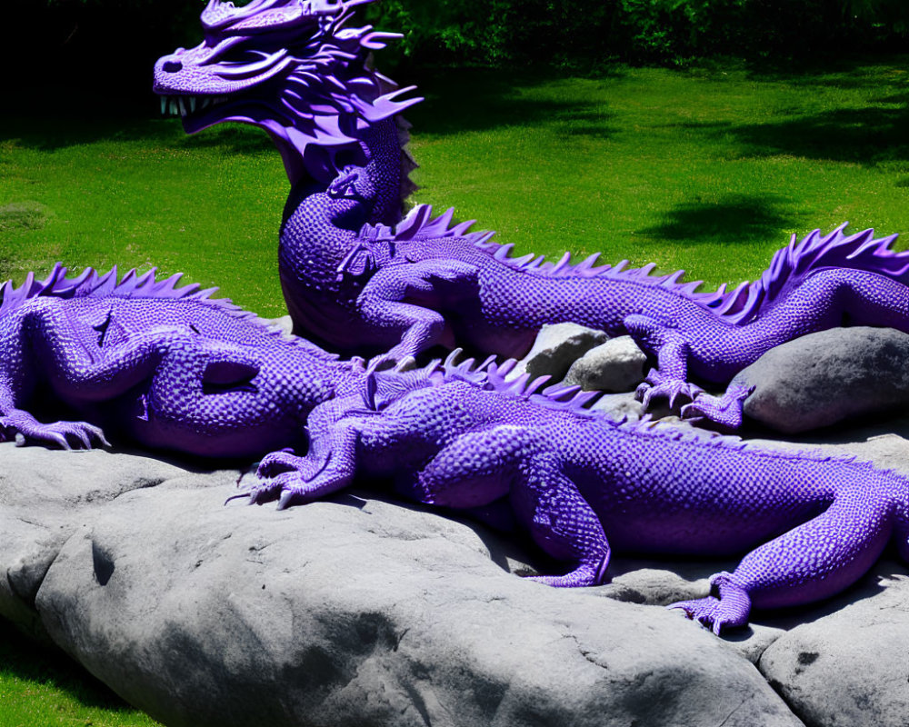 Intricate purple dragon statue on rock in lush garden setting