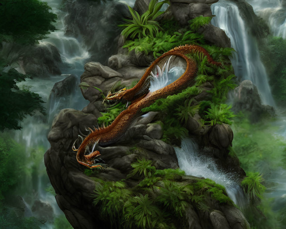 Orange dragon on rocky outcrop in misty forest with waterfalls