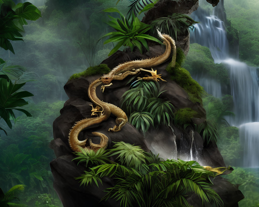 Golden dragon coiled on rocky outcrop in lush jungle with waterfalls