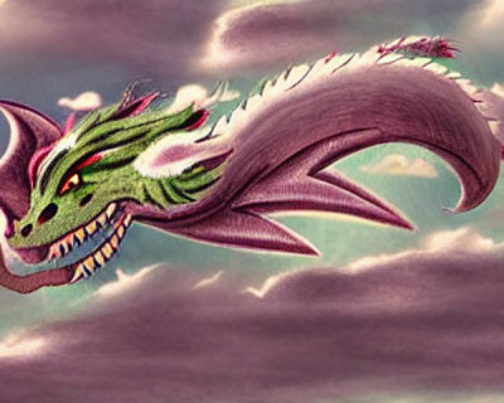 Green Dragon Flying Among Purple Stormy Clouds in Illustration