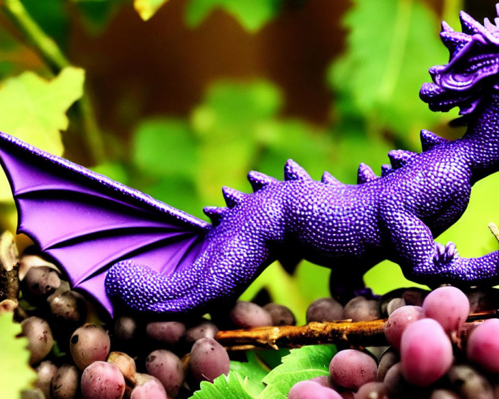 Purple Dragon Figurine on Grapes and Green Foliage