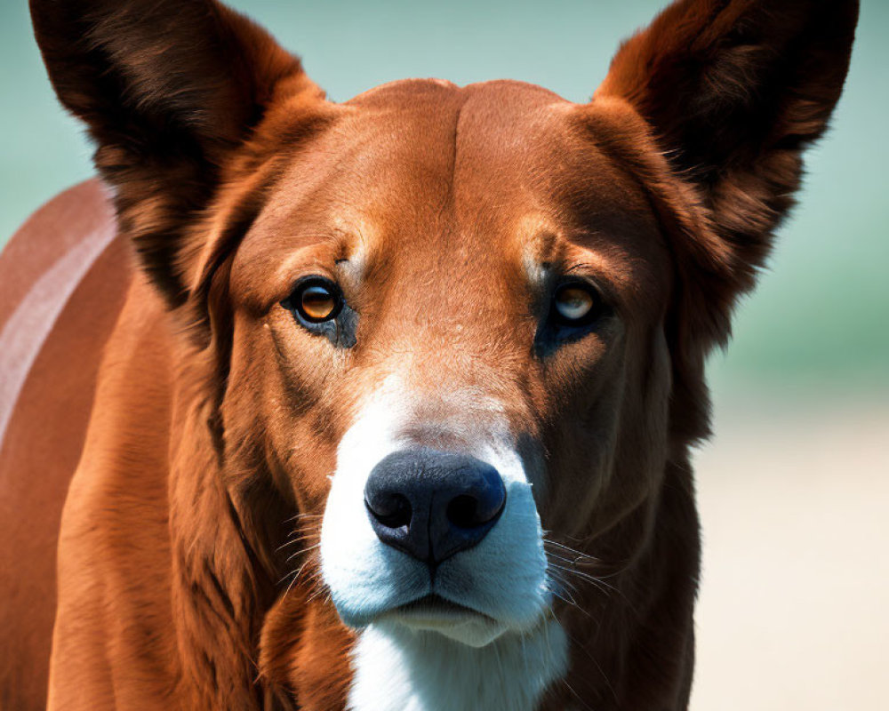 Brown Dog with Large Ears and Attentive Eyes on Blurred Blue Background