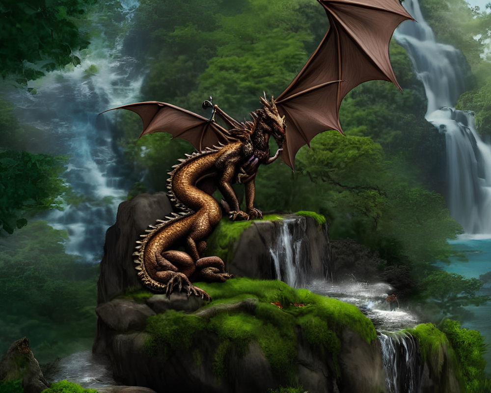 Majestic dragon on mossy rock near waterfall in lush forest landscape