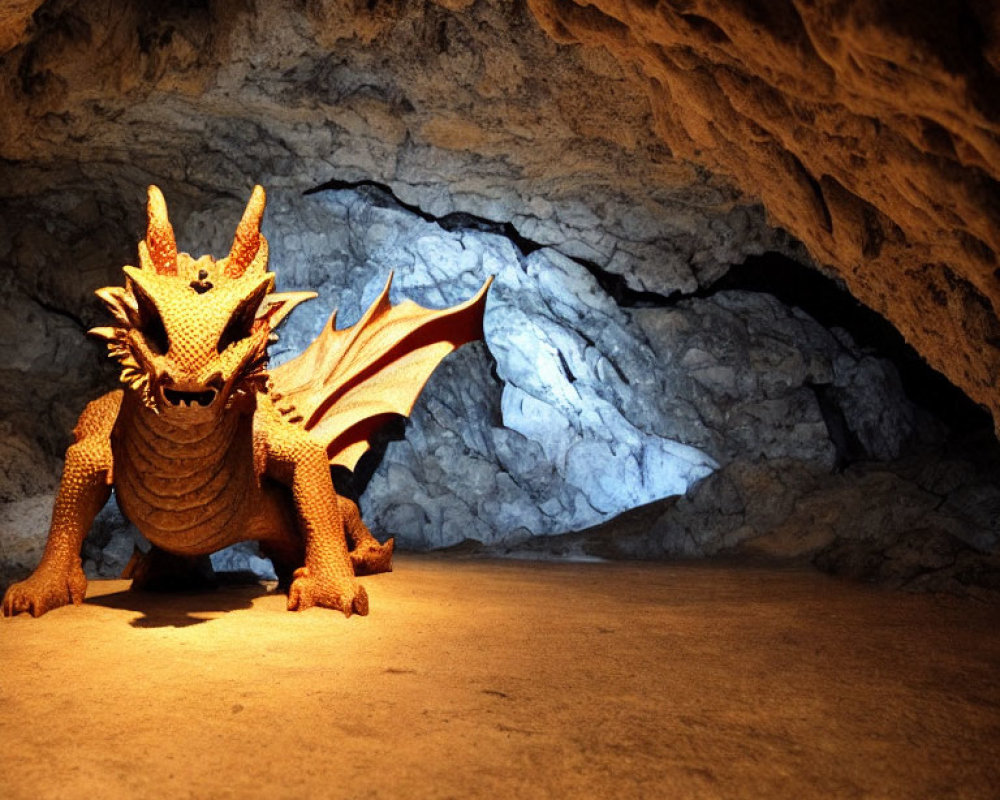 Detailed Orange Dragon Model in Dimly Lit Cavern