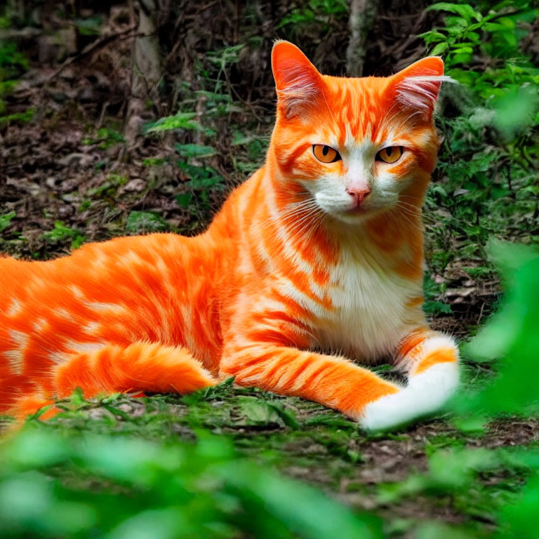 Vibrant Orange and White Cat with Unique Fur Patterns in Green Forest