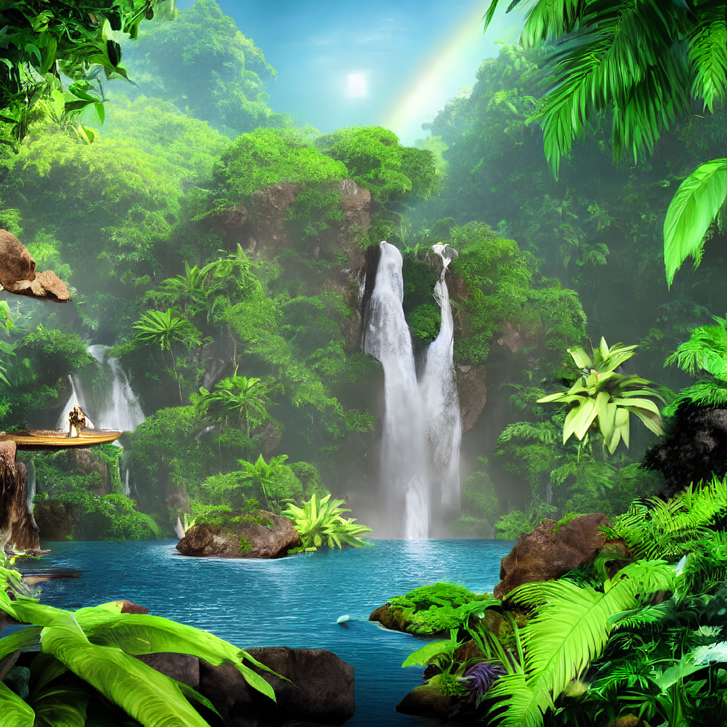 Tranquil Tropical Waterfall Oasis with Blue Pond