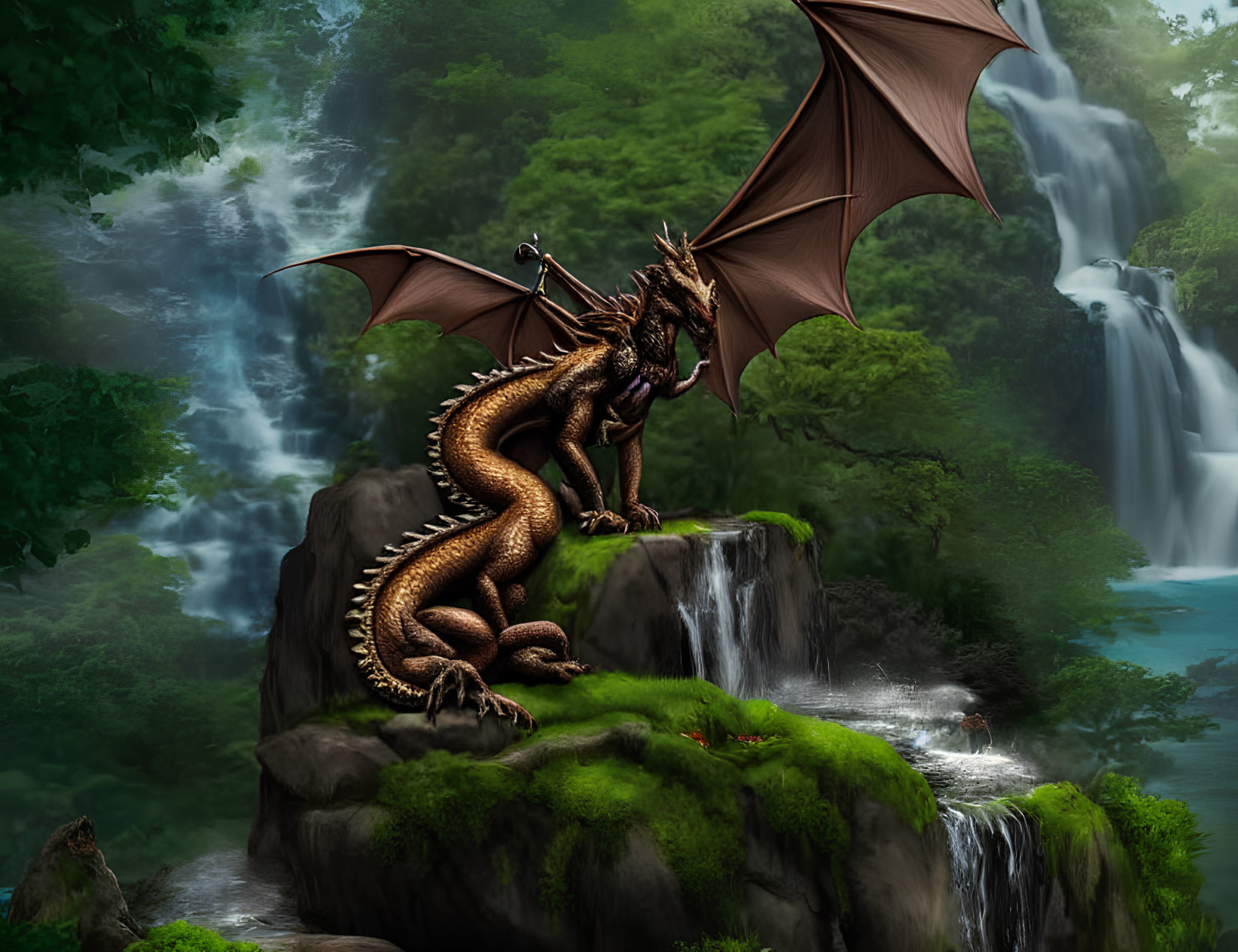 Majestic dragon on mossy rock near waterfall in lush forest landscape