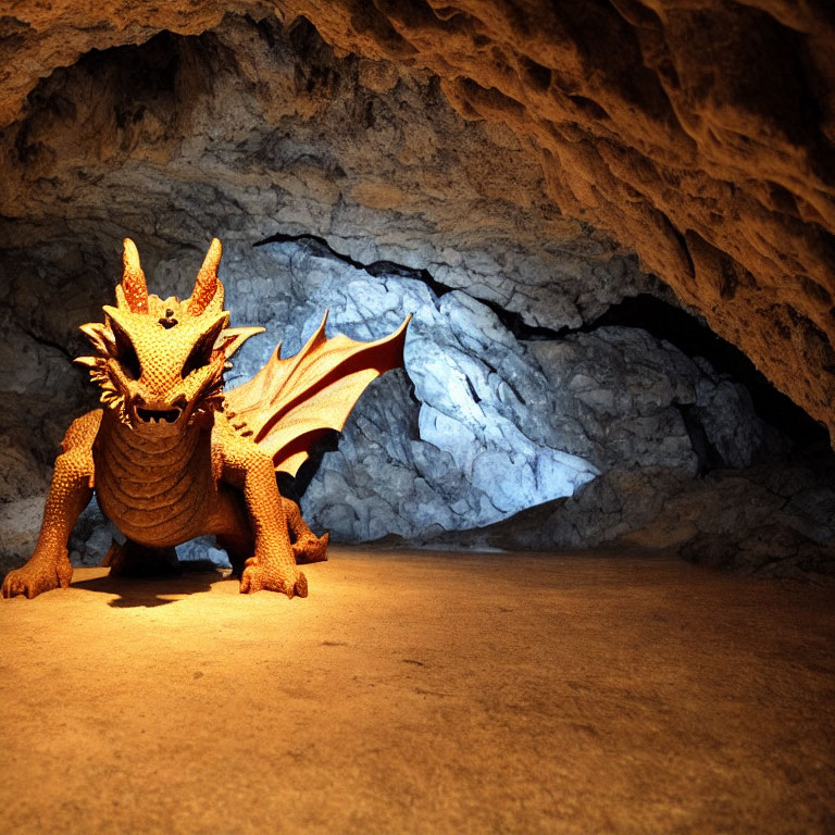 Detailed Orange Dragon Model in Dimly Lit Cavern