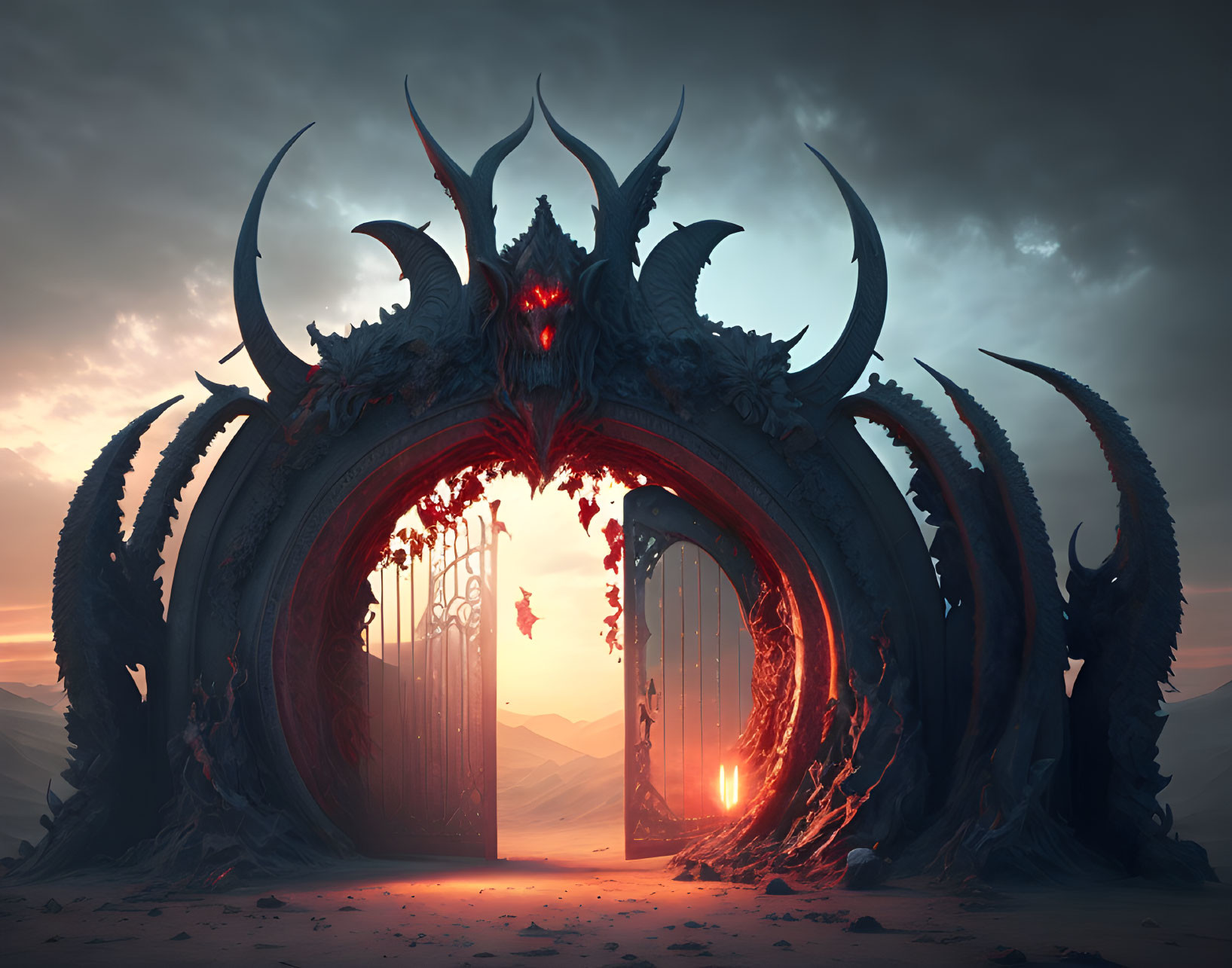 Fantastical open gate with dragon-like designs in desolate landscape