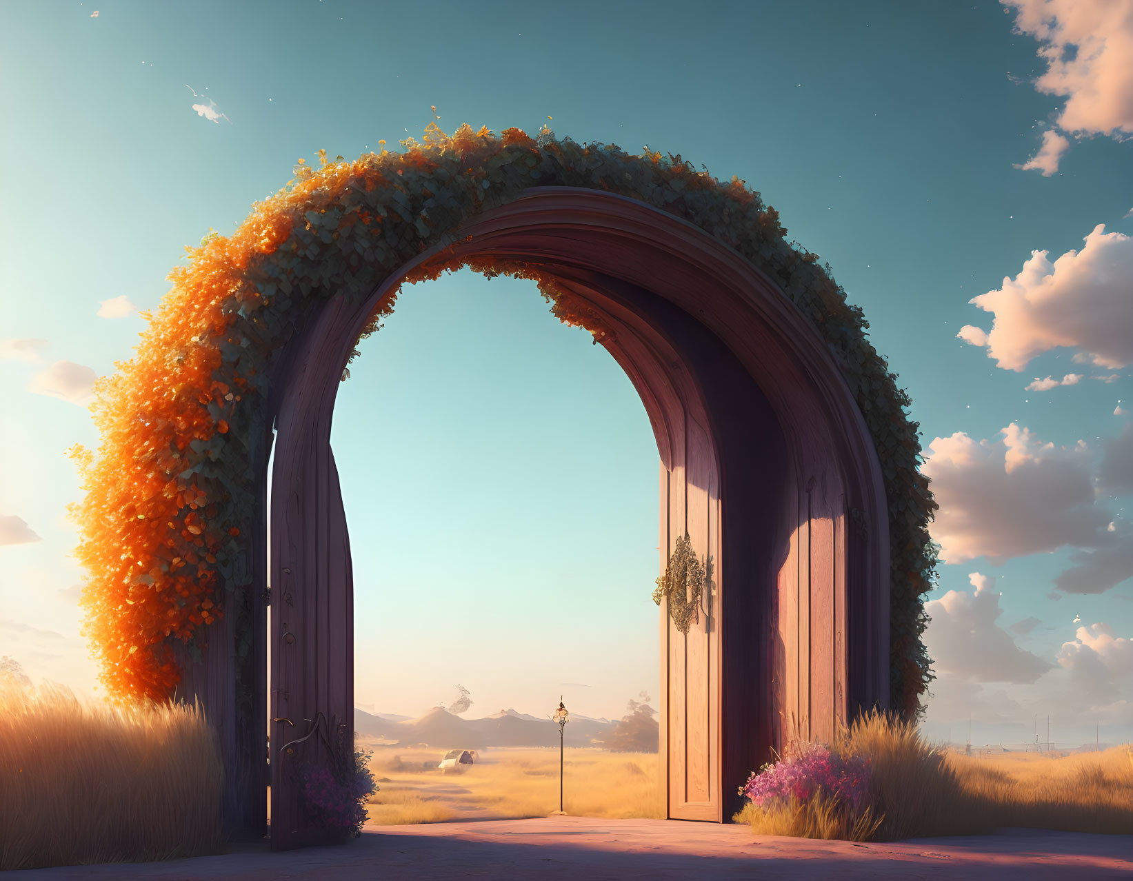 Wooden arched door with flowers in field, sunset view with windmills