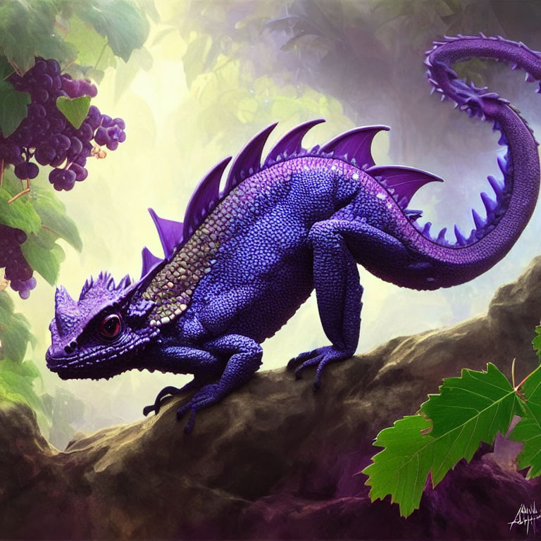 Colorful dragon illustration on rock with grapevines