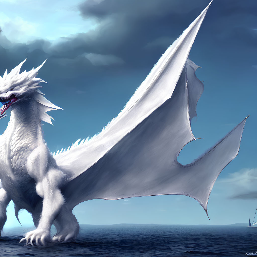 White Dragon with Expansive Wings by Serene Blue Sea